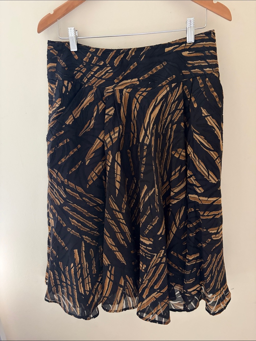 Black & Brown Patterned A-Line linen blend Skirt w pockets - Picture 2 of 12